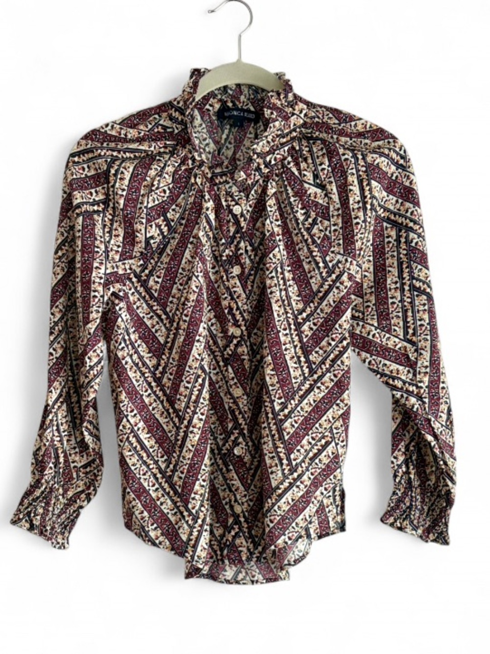 Veronica Beard Calisto Ruffle Neck Print Button Down Cotton Blouse Size L